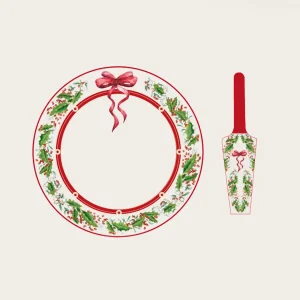 Piatto Panettone Con Paletta Ribbon In Porcellana