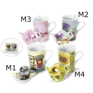 Set tazza, piattino in porcellana c/filtro in metallo